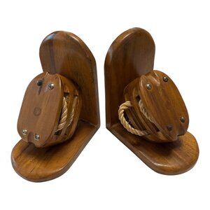 Vintage 1970s Price Products Nautical Pulley Bookends – Wood and Rope